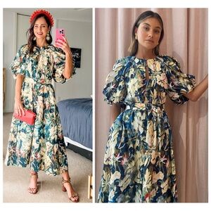 Acler Harlow Midi Dress Size 8 US 4 Moody Floral Linen Puff Sleeve Belted Linen